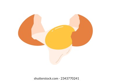 Broken cracked chicken egg, brown shell with liquid raw protein, yolk. Breaking split smashed eggshell with uncooked fresh albumen. Flat graphic vector illustration isolated on white background