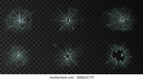 Vidrio roto, roto o roto con un agujero realista, roturas y grietas, bordes afilados y fragmentos sobre un fondo transparente. 3.ª ilustración vectorial