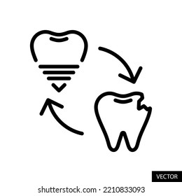 Broken, Cracked, damaged tooth replacement, Teeth implant, Dental restoration concept vector icon in line style design for website, app, UI, isolated on white background. Editable stroke. EPS 10 file.