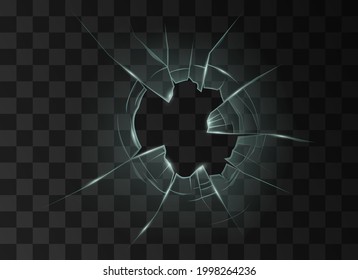 Broken cracked glass with hole from bullet or crash. Transparent destroyed window or mirror surface on black background. Realistic 3d vector illustration