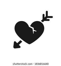 Broken cracked heart with arrow through it silhouette logo icon design. Simple cute flat vector illustration. Valentine's day, cupid, love, heartbreak, sign, symbol.