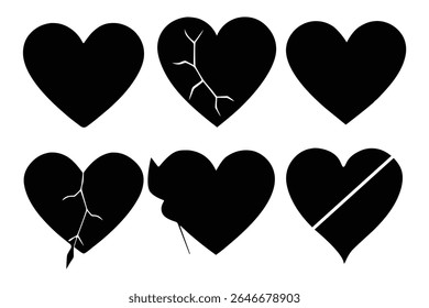 Broken and Cracked Heart Silhouette Icons Set on White Background