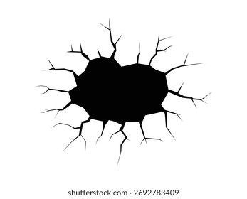 Agujero agrietado roto en la silueta de la pared, textura de la fractura del daño, agujero superficial agrietado ilustración dañada con la textura de la grieta de la pared y de la tierra
