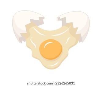 Broken and cracked raw egg with white eggshell.