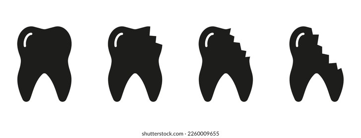 Broken Cracked Teeth Silhouette Icon Set. Dentistry Symbol. Chipped Tooth Process Glyph Pictogram. Damaged Enamel Stages, Medical Dental Problems. Dental Treatment Sign. Isolated Vector Illustration.