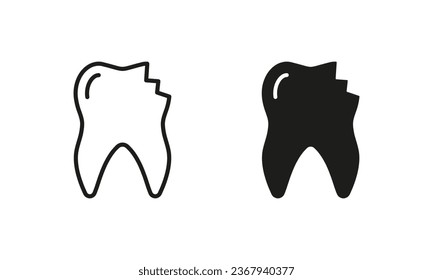 Broken Cracked Teeth Silhouette and Line Icons Set. Chipped Tooth Pictogram. Damaged Enamel, Medical Dental Problem Sign. Dentistry Black Symbol Collection. Isolated Vector Illustration.