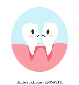 Broken cracked tooth in cartoon flat style. Vector illustration of disgruntled split teeth character, dental care concept, oral hygiene