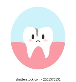 Diente roto en caricatura al estilo plano. Ilustración vectorial del carácter disgustado de dientes no sanos, concepto de cuidado dental, higiene bucal