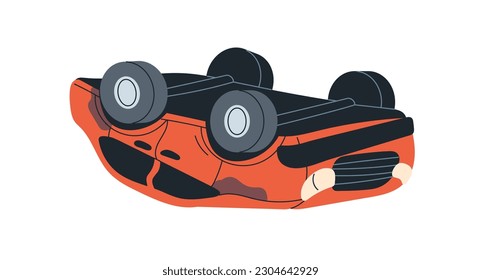 Broken crashed car upside down after road accident. Flipped turned over auto vehicle. Overturned smashed shattered deformed automobile, breakdown. Flat vector illustration isolated on white background