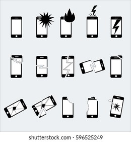 Broken crashed phone icon set