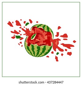 Broken crashed smashed watermelon on white background. Vector cracked watermelon. Watermelon splash. Isolated tropical fruit illustration. Green and red ripe watermelon. 