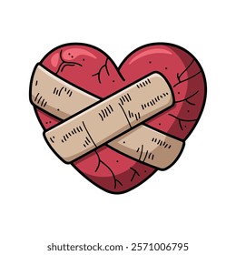 broken creak heart bandaged vector, injury love with bandaged vector art icon