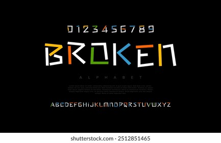 Broken creative modern urban alphabet font. Digital abstract moslem, futuristic, fashion, sport, minimal technology typography. Simple numeric vector illustration