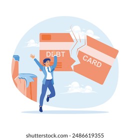 Broken credit card. A happy man has paid off his credit card debt. Breaking debt concept. Flat vector illustration.