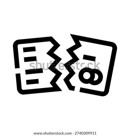Broken credit card icon symbolizing financial crisis, bankruptcy and debt problems, torn payment method representing insolvency, overspending, canceled transactions and risk