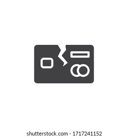 Broken credit card vector icon. Debt free filled flat sign for mobile concept and web design. Debt bankruptcy glyph icon. Symbol, logo illustration. Vector graphics