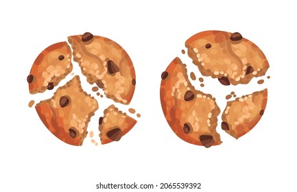 Broken crispy biscuits set. Cookies with chocolate chips vector illustration