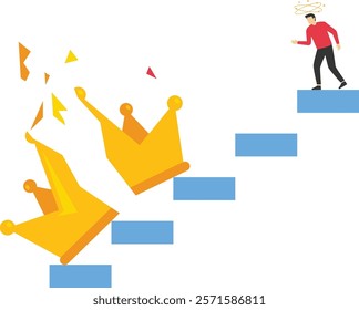 Broken crown. Depressed narcissist human near crushed crown. After lost in confident, burnout or no inspiration. Flat vector illustration

