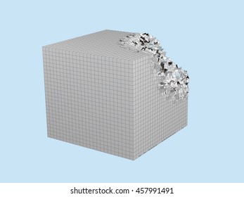 broken cube shape with fragments.