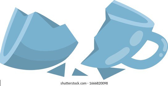 Broken cup. Blue mug. Element of kitchen. Shards and sloppy handling. Cartoon flat illustration