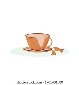 Broken cup cartoon vector illustration. Cracked teacup, shattered crockery flat color object. Traditional superstition, good luck sign. Smashed ceramic mug isolated on white background