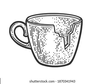broken cup without chipped fragment sketch engraving vector illustration. T-shirt apparel print design. Scratch board imitation. Black and white hand drawn image.