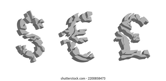 Broken currency symbols. Volume 3d cracked signs of dollar and euro collapse pound sterling banking currency economic devaluation vector bankruptcy design