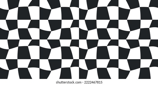 Broken curved checkerboard surface, in the form of a pattern. Black and white chess print, from the curved shapes of the pattern.