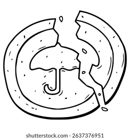 broken dalgona candy with umbrella illustration hand drawn outline vector