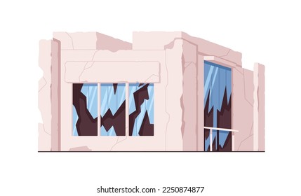 Broken damaged building with destroyed cracked walls, smashed wrecked windows, glass door. Construction destruction. Ruined house facade. Flat vector illustration isolated on white background