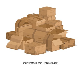 Broken damaged cardboard boxes, torn carton packaging. Broken delivery cardboard packages or mail parcels vector illustration set. Damaged crate boxes. Box cardboard damage broken