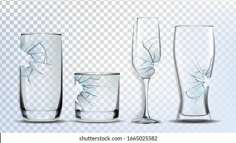 Broken And Damaged Glasses Collection Set Vector. Crashed Wine And Beer, Champagne, Whiskey And Juice Glasses. Transparency Drink Glassware Concept Template Realistic 3d Illustrations