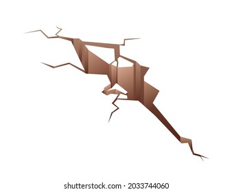 Broken damaged ground with cracks, holes and fissures. Destroyed earth surface with cleft earthquake consequence. Realistic 3d geological crevice. Flat vector illustration isolated on white background