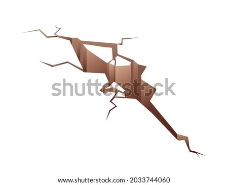 Broken damaged ground with cracks, holes and fissures. Destroyed earth surface with cleft earthquake consequence. Realistic 3d geological crevice. Flat vector illustration isolated on white background
