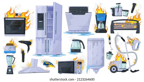 Aparato doméstico dañado y roto, nevera quemada, tostadora y lavadora. Juego de ilustraciones vectoriales de aparatos electrónicos domésticos dañados. Aparatos domésticos rotos. Equipos domésticos triturados