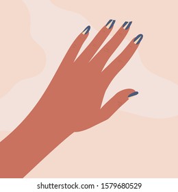 Broken Or Damaged Nails. Woman Demonstrating Nail Design. Top View Of Hand With Long Oval Nails With Nude Polish. Beauty Salon. Colorful Flat Vector Illustration In Cartoon Style.