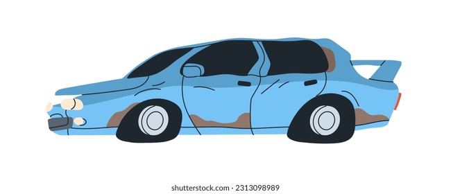 Broken damaged old car. Rusted crashed shattered auto junk. Rusty crushed abandoned automobile after accident. Smashed ruined transport body. Flat vector illustration isolated on white background.