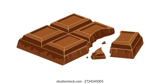 Barra de chocolate oscuro roto con piezas cuadradas y migas aisladas sobre fondo blanco
