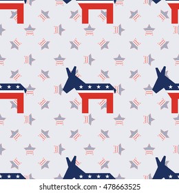 Broken democrat donkeys seamless pattern on american stars background. USA presidential elections patriotic wallpaper with broken democrat donkeys. Tillable pattern vector illustration.