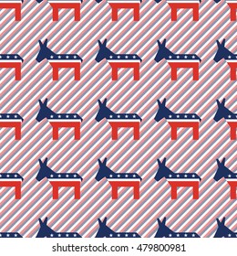 Broken democrat donkeys seamless pattern on red and blue stripes background. USA presidential elections patriotic wallpaper with broken democrat donkeys. Continuos pattern vector illustration.