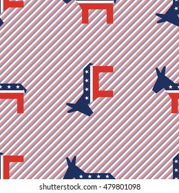 Broken democrat donkeys seamless pattern on red and blue stripes background. USA presidential elections patriotic wallpaper with broken democrat donkeys. Wallpaper pattern vector illustration.