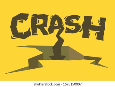 Fuente de diseño rota de Crash con una flecha abajo que choca contra el suelo en un fondo amarillo. Concepto de crisis del mercado de valores, crisis financiera o recesión. Ilustración vectorial.