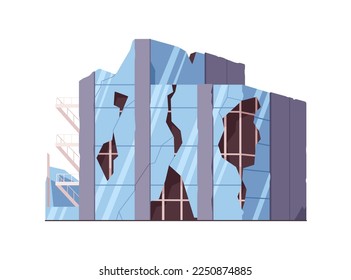 Broken destroyed modern house building with damaged cracked glass walls, window debris. Demolished ruined wrecked construction facade, exterior. Flat vector illustration isolated on white background