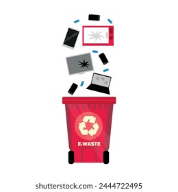 Broken devices falling into waste container on white background.