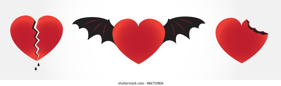 Broken devil and bitten hearts. Heart vector set. Separation divorce concept.