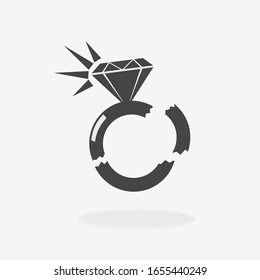 Símbolo de ilustración de icono del vector de anillo de compromiso de diamante roto