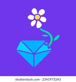 Broken diamond with sunflower inside, illustration for t-shirt, sticker, or apparel merchandise. With doodle, retro, groovy, and cartoon style.