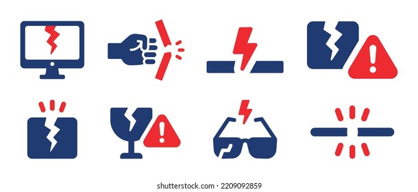 Broken Different Object Icon Set. Containing Broken Computer Screen, Break Sunglasses, Fragile Glass And Damage Symbol. Vector Illustration.