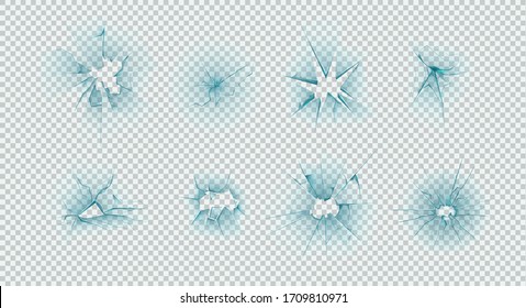 Broken differents shape glass crack window front cracked broken glass after an accident, vandalism, devastation, bullet destruction vector illustration on transparent background