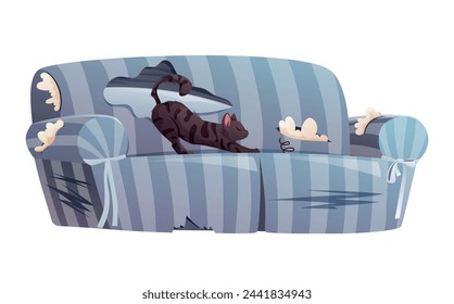 Gebrochenes, schmutziges Heimsofa, von einer schwarzen Katze gekratzt. Haustier beschädigte Möbel für Wohnzimmer Interieur. Vektor isolierte Cartoon-Illustration.